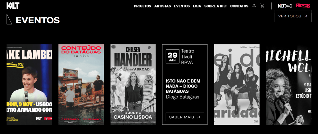 The events block rendered in the homepage, showing the past events posters in black and white.